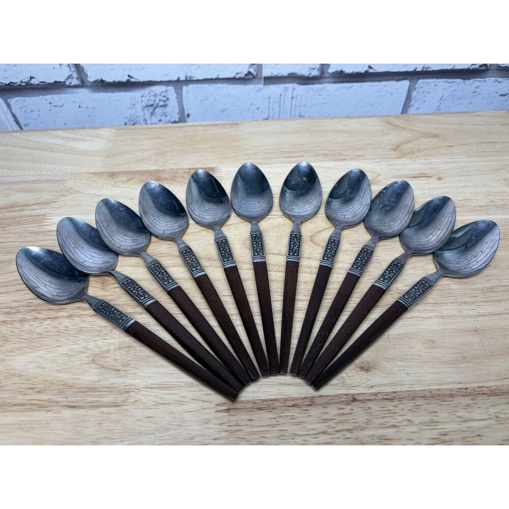 "INR2" Interpur Stainless Steel Japan Brown Handle 11 Teaspoons Vintage